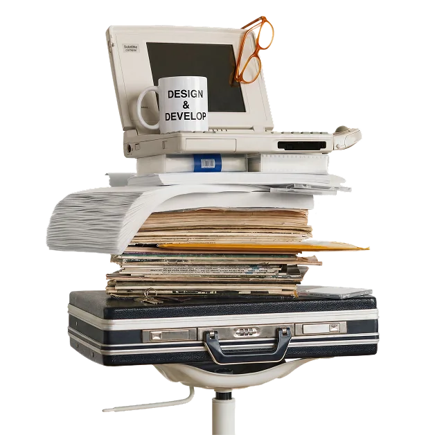 A retro computer with a Design & Develop mug, sitting on a stack of papers and a briefcase