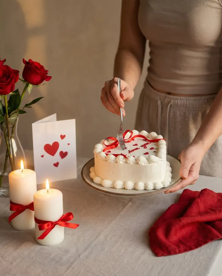 Cake with candles and roses on a dinner table