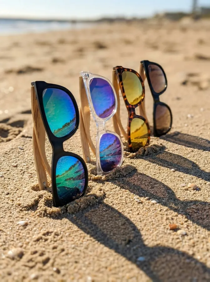 Sunglasses standing in beach sand